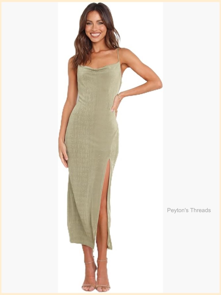 Cowl Neck Midi Bodycon Dress With Front Split